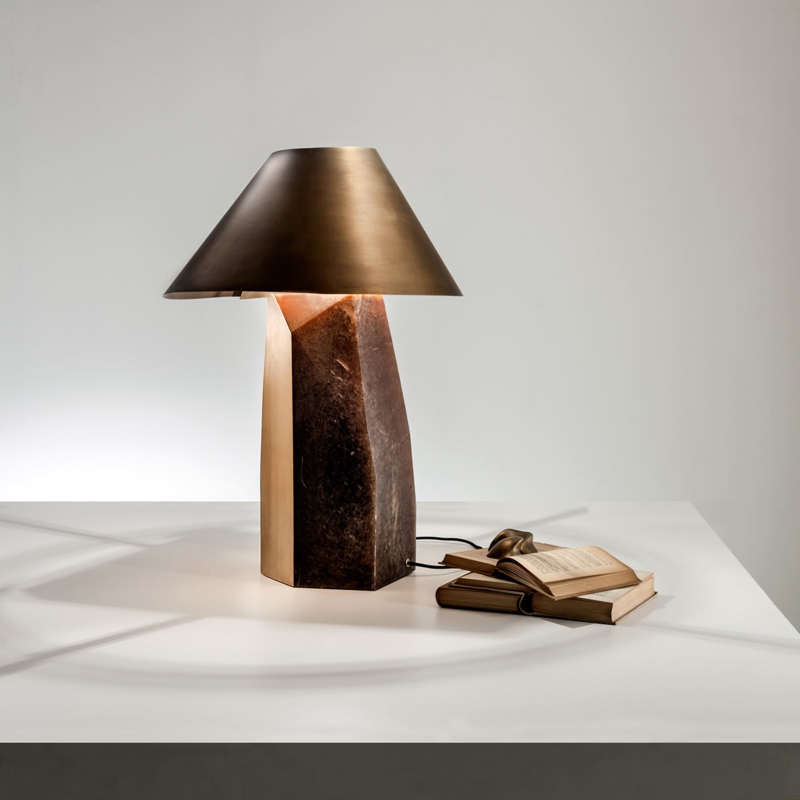 Table Lamp Sculptural Arched Silhouette Brass Stone-Like Base Unique