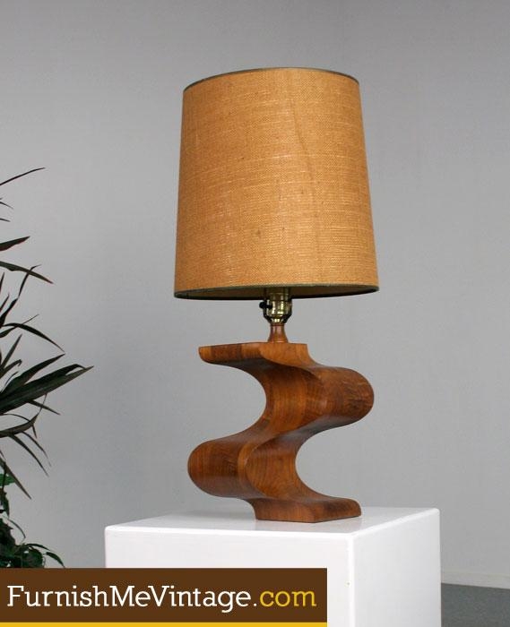 Table Lamp Sculptural Carved Wood Base, Geometric Interlocking Design