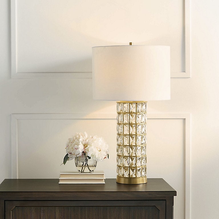 Table Lamp, Sculptural Crystal Rings, Brass Accents, White Drum Shade