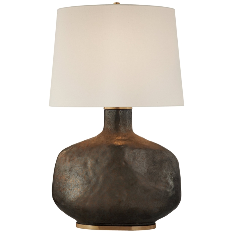 Table Lamp: Sculptural Faceted Ceramic Bronze Base Modern Glam Lighting.