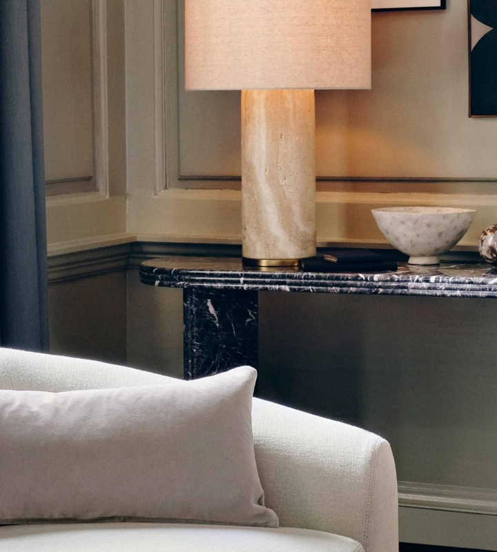 Table Lamp Sculptural Form Tapered Drum Shade, Sculptural Stone Base Lighting