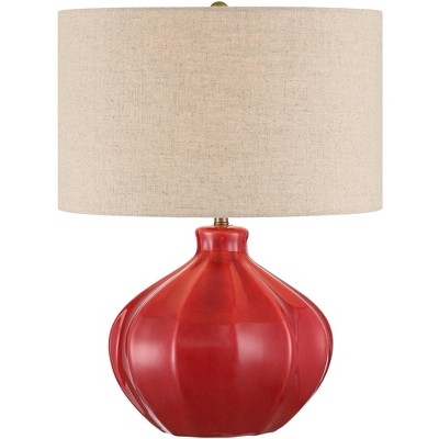 Table Lamp Sculptural Hourglass Ceramic Base Oatmeal Shade Red