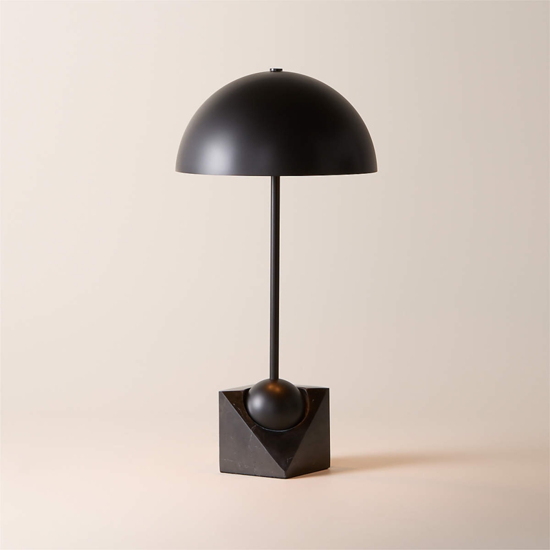 Table Lamp: Sculptural Metal Dome Shade on White Marble Base