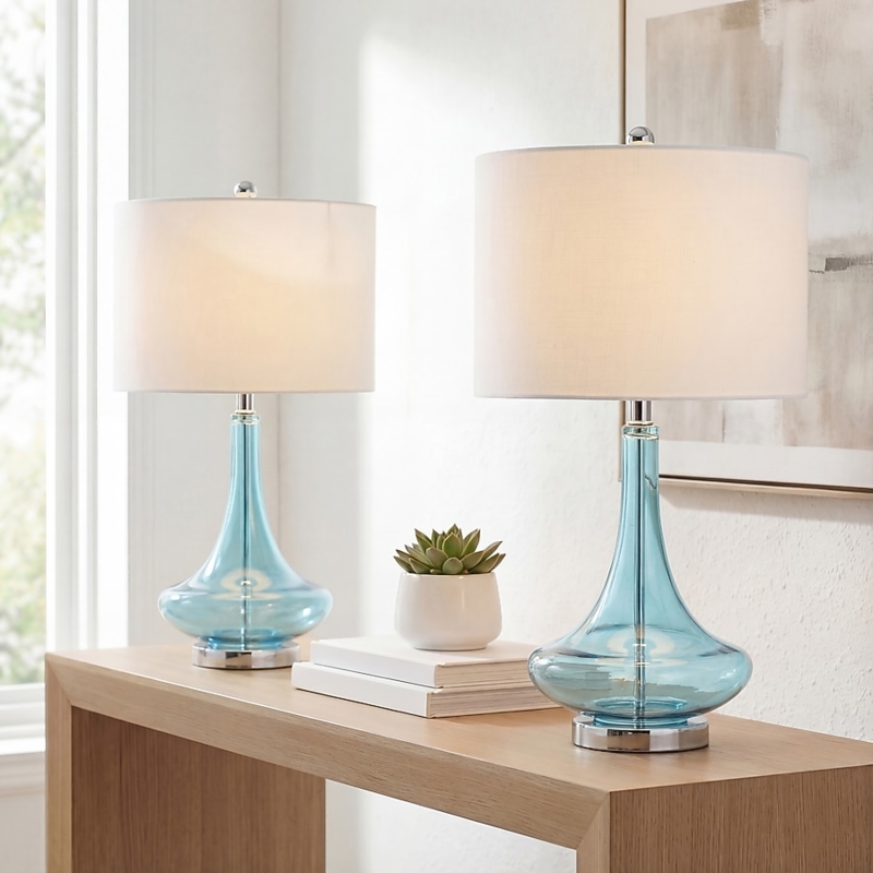 Table Lamp Sculptural Teardrop Glass Base White Drum Shade
