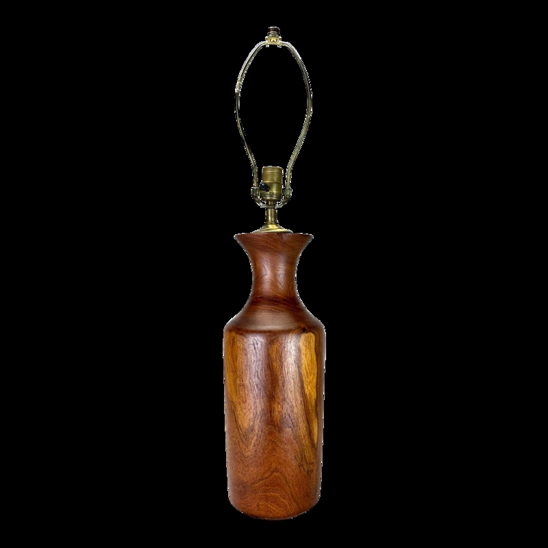 Table Lamp Sculptural Wood Lamp, Turned Walnut Base Tall Drum Shade