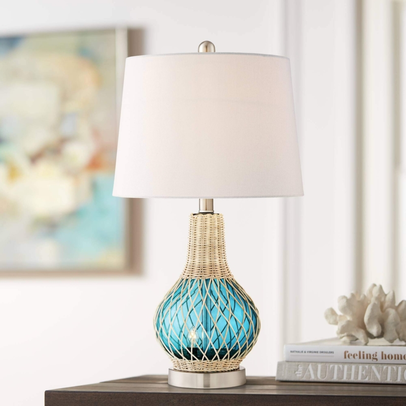 Table Lamp Seafoam Blue Glass Gourd Rope Wrapped Internal Nightlight