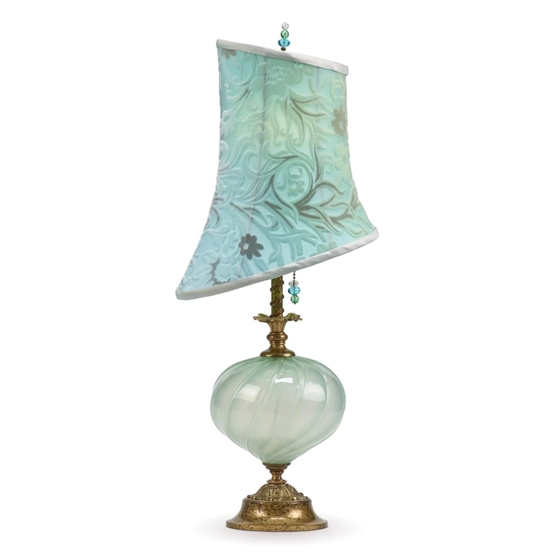Table Lamp Seafoam Velvet Shade Artisan Blown Glass Base