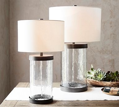 Table Lamp: Seeded Glass Base with Brushed Brass Stem Accent Lighting