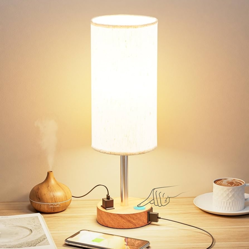 Table Lamp Seeded Glass Cylinder Shade Brushed Gold USB