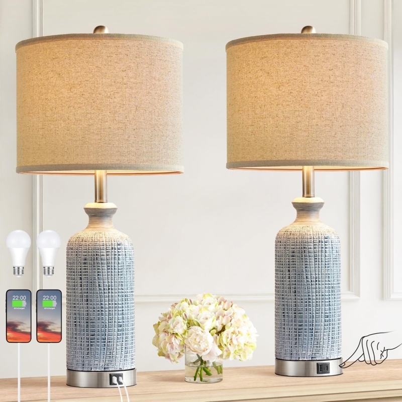 Table Lamp Set 2 Ceramic Jar Base Dual USB Ports