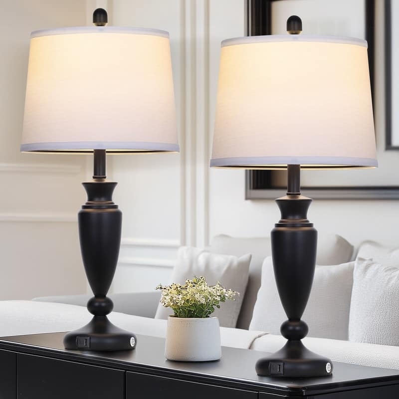 Table Lamp Set 2 Ribbed Ceramic Texture Integrated USB