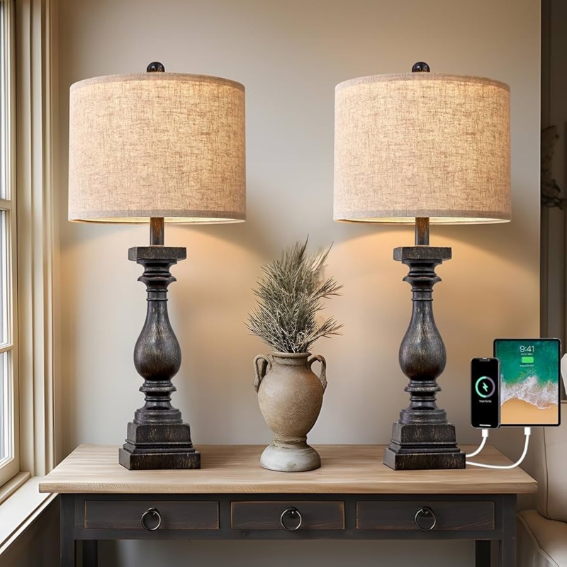Table Lamp Set 2 Spindle Silhouette Farmhouse Style USB
