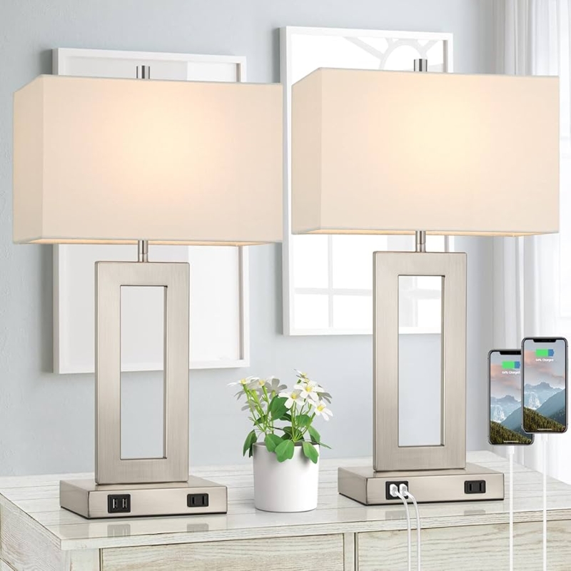 Table Lamp Set 2 Textured Grey Shade Brushed Silver USB