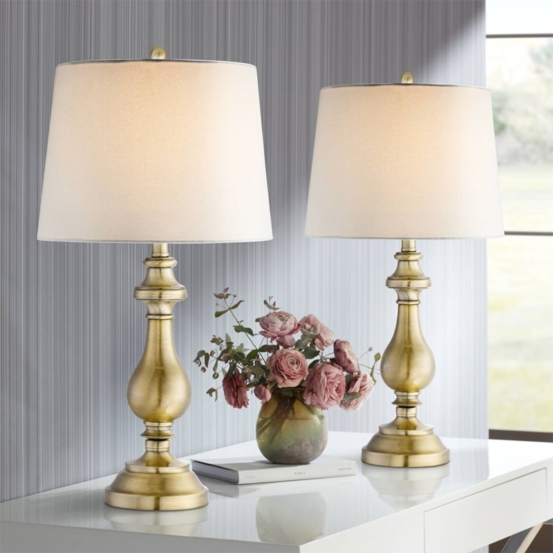 Table Lamp Set Antique Brass Urn Bases Tapered Drum Shades Bedroom