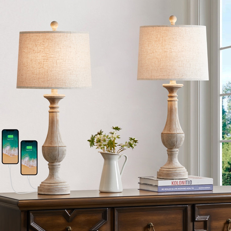 Table Lamp Set, Antique Bronze Pedestal Base, USB Port, Tapered Shade