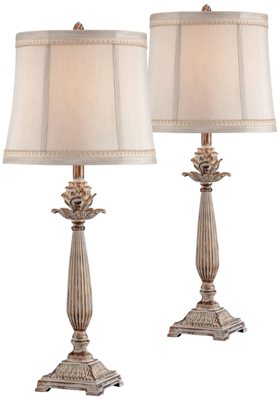 Table Lamp Set Antique White Distressed Artichoke Motif Bell Shades