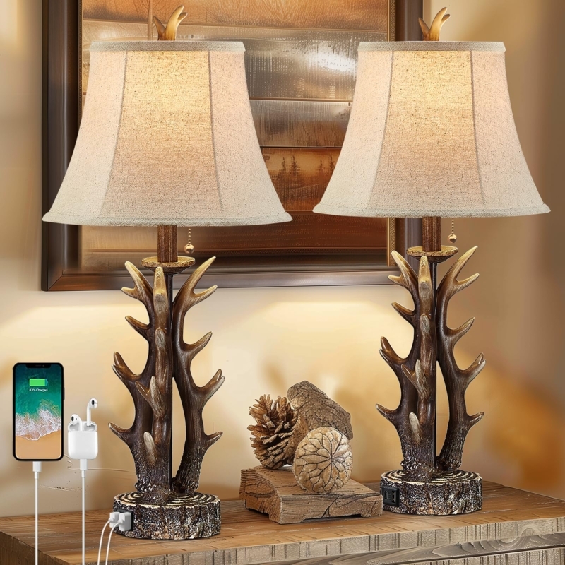 Table Lamp Set Antler Base USB Ports Farmhouse Nightstand