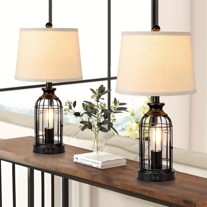 Table Lamp Set, Black Bird Cage Base with Dual USB Ports, Industrial