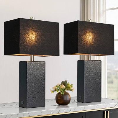 Table Lamp Set Black Contemporary Faux Leather Cylinder Bases USB