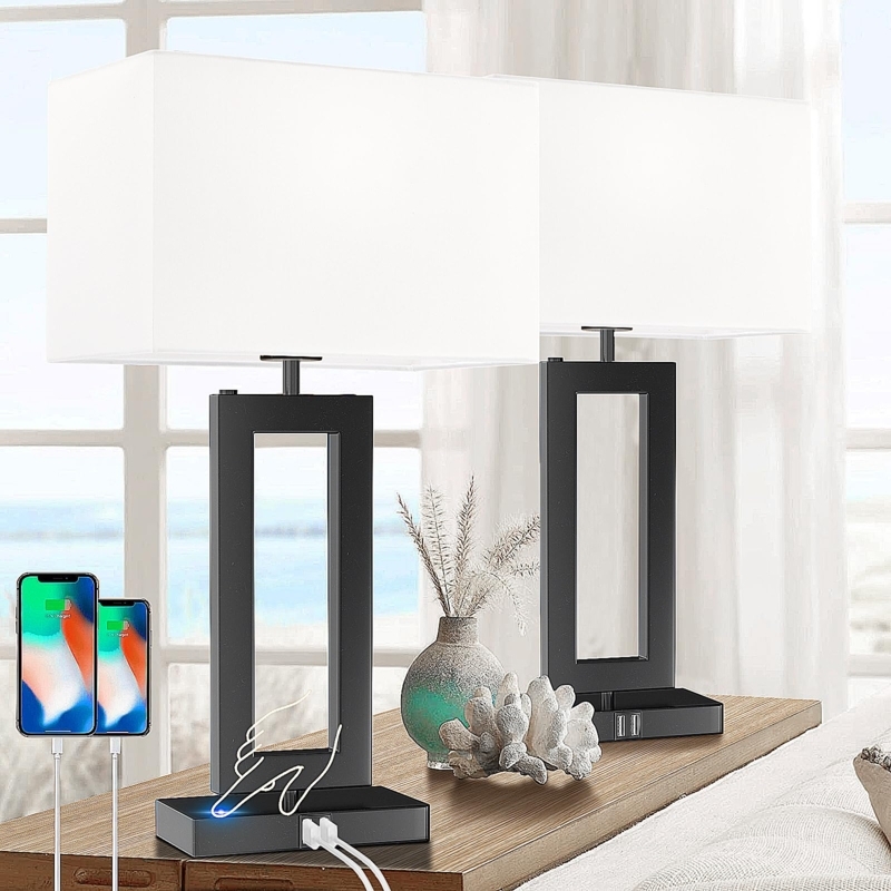 Table Lamp Set Black Geometric Ring Base USB Port Wood Accent
