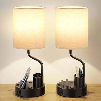 Table Lamp Set Black Integrated Organizer USB Ports Modern Bedside