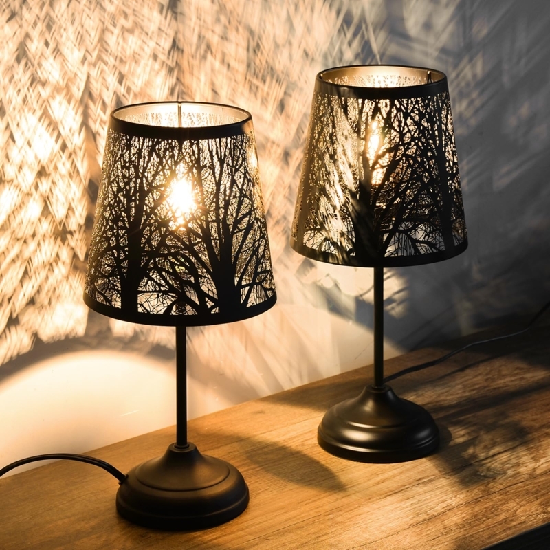 Table Lamp Set Black Metal Tree Pattern Shadow Projection