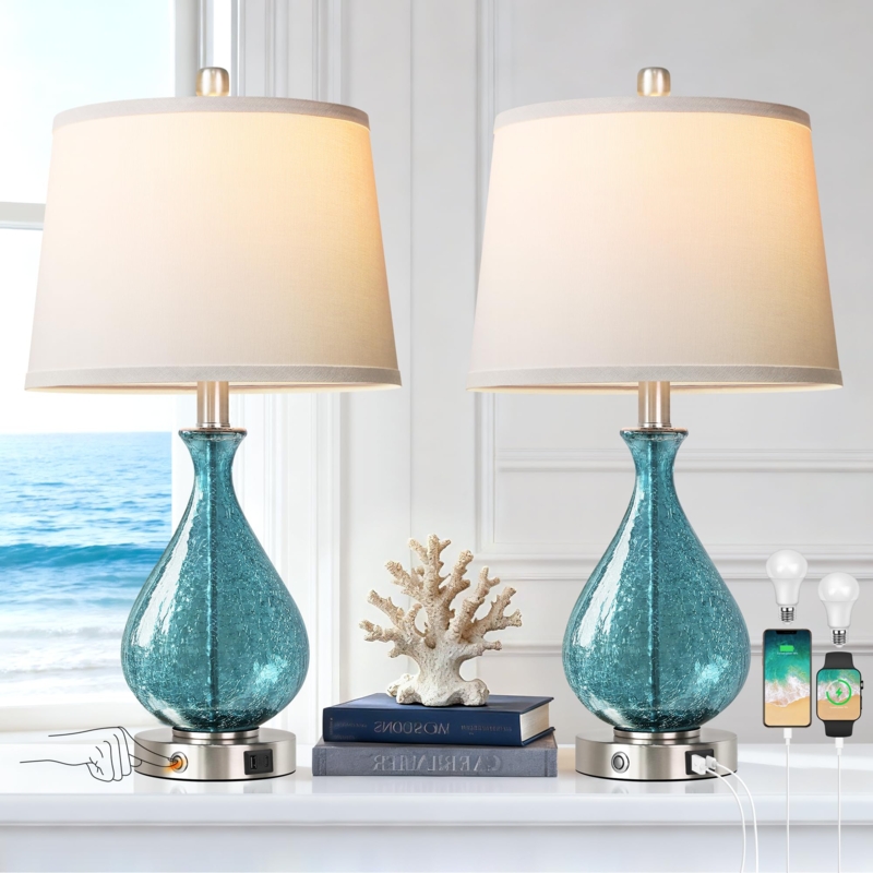 Table Lamp Set: Blue Glass Teardrop Bases for Modern Transitional Bedroom