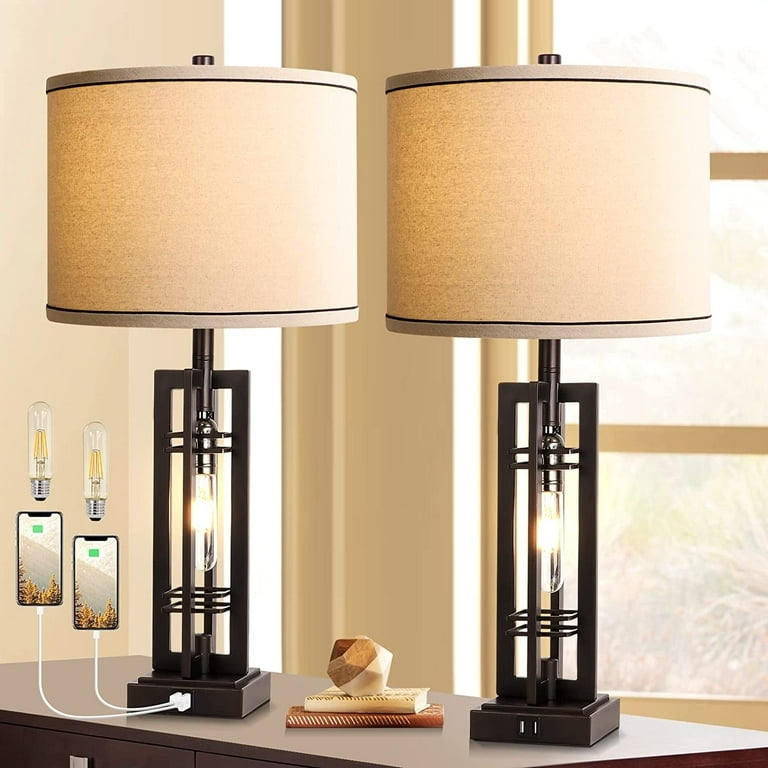 Table Lamp Set: Bronze Bedside Lamps with USB Charging Ports.