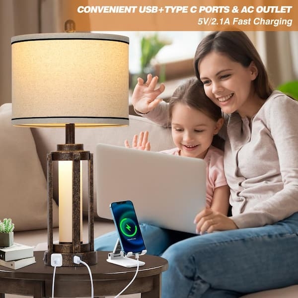 Table Lamp Set Bronze Finish USB Ports Linen Drum Shade