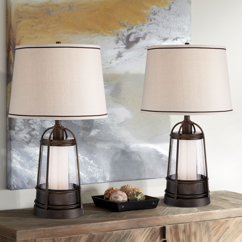 Table Lamp Set Bronze Lantern Dual Light Source Farmhouse Shades