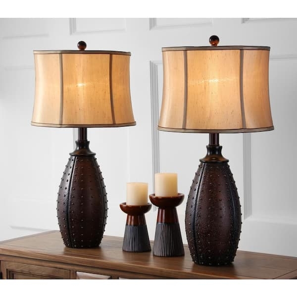 Table Lamp Set Brown Earthy Stitched Base Drum Shades