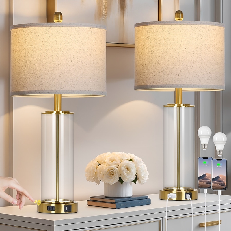 Table Lamp Set Brushed Brass Slender Neck Tapered White Shade