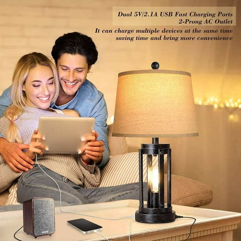 Table Lamp Set Brushed Silver Metal Base White Shade USB Ports