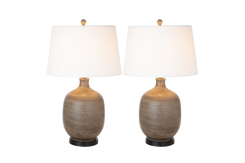 Table Lamp Set Bulbous Base Mottled Brown Finish Tapered Shades
