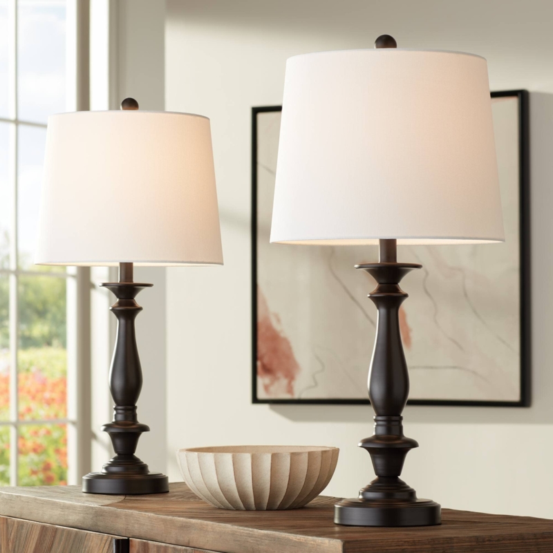 Table Lamp Set: Candlestick Silhouette Bronze Lamps with Tapered Shades.