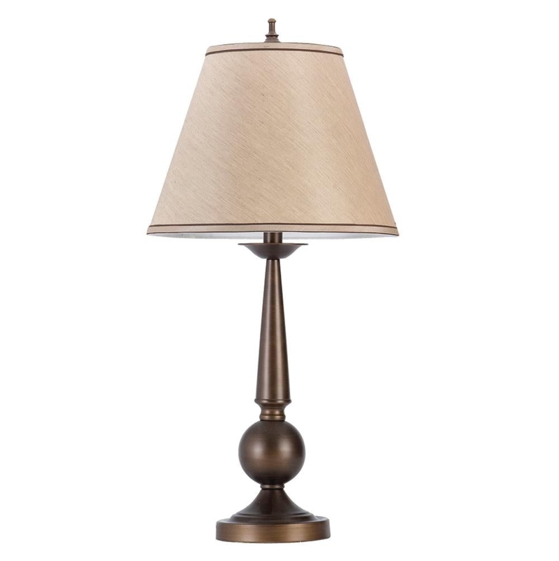 Table Lamp Set: Casual Traditional Bronze Bases with Tan Fabric Shades.