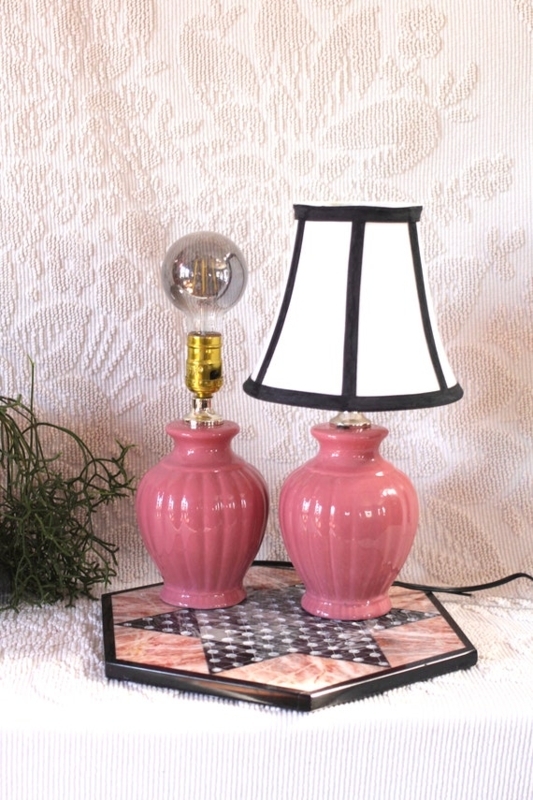 Table Lamp Set Ceramic Ginger Jar Base Pleated Shades Retro 80s Accent