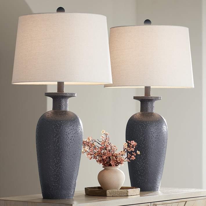 Table Lamp Set Charcoal Ribbed Ceramic Charcoal Gray Table Lamp Set