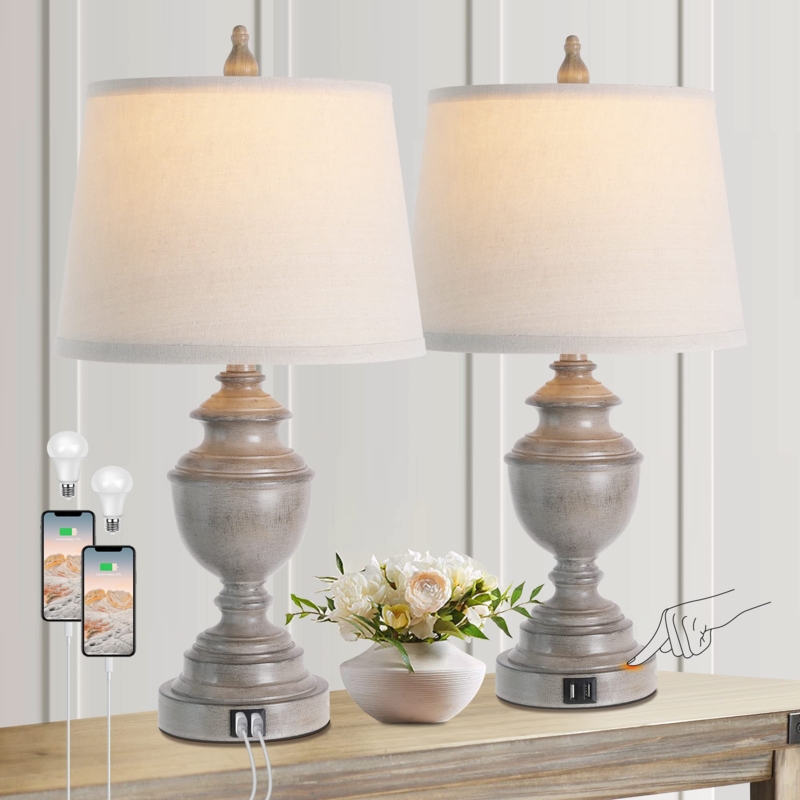 Table Lamp Set Charcoal Spindle Base USB Port Bedroom Lamps With Usb Ports
