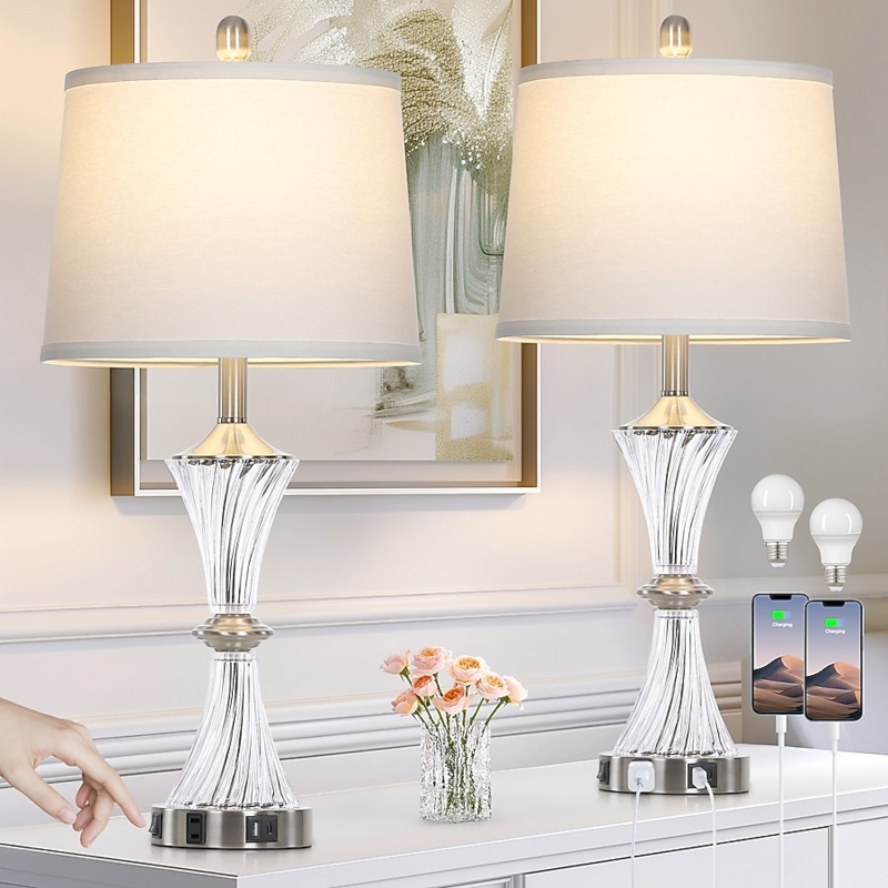 Table Lamp Set Clear Cylindrical Base Central Rod Design Linen Shade
