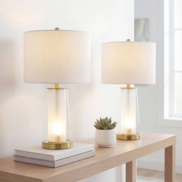 Table Lamp Set Clear Glass Column Base Integrated Nightlight