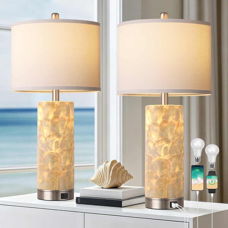 Table Lamp Set, Clear Glass with Seashell Filled Lamp Bases.