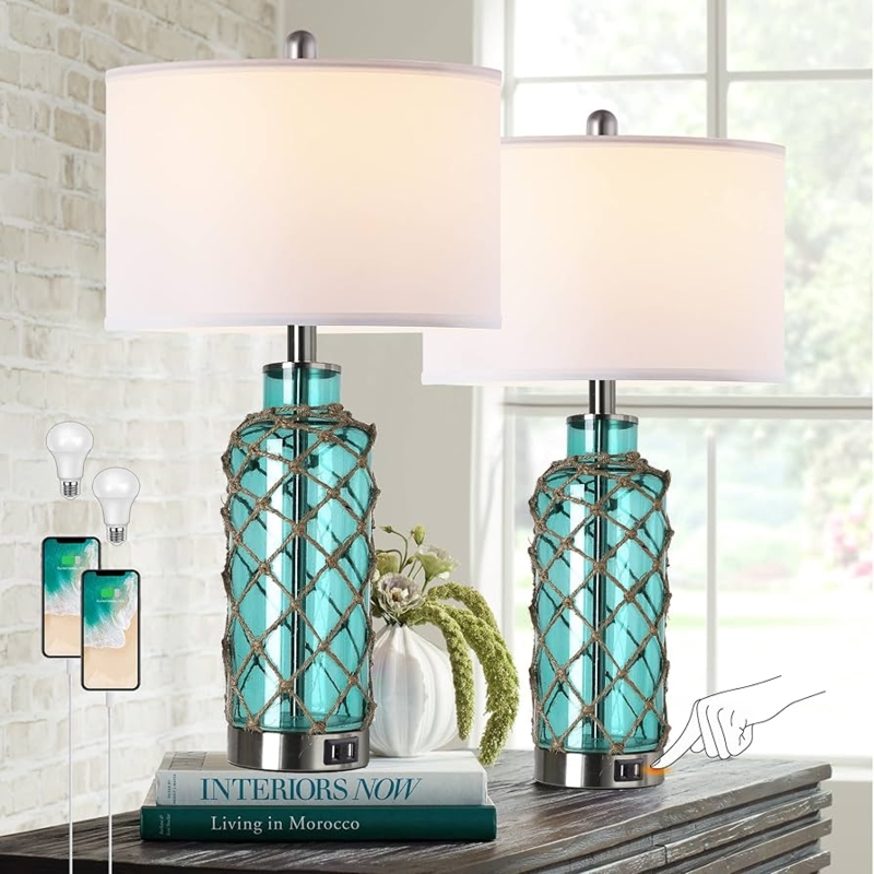 Table Lamp Set Coastal Aqua Glass Jug Base Rope Netting