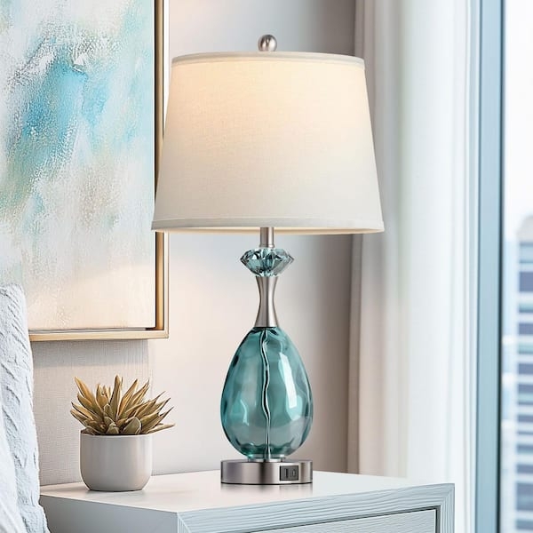 Table Lamp Set, Coastal Blue Glass Lamp with Netting Overlay & USB.