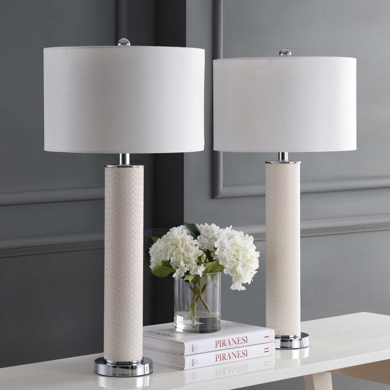Table Lamp Set Coastal Cream Woven Leather-Like Column Bases