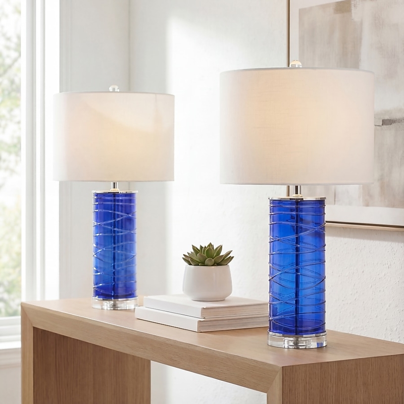 Table Lamp Set Cobalt Blue Fused Glass Cylinder Base Coastal Style