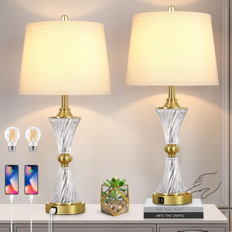Table Lamp Set Cordless Brushed Bronze Pleated Shade Minimalist Lamps
