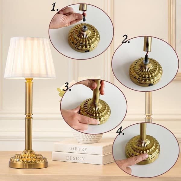 Table Lamp Set Cordless Rechargeable Conical Shade Brushed Finish Modern
