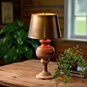 Table Lamp Set Country Chic Carved Wood Baluster Base Metal Shades