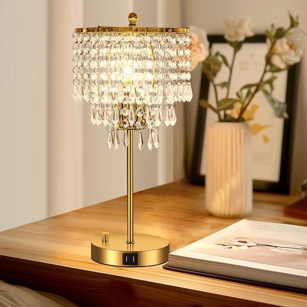 Table Lamp Set, Crystal Beaded Shade, Polished Chrome Base